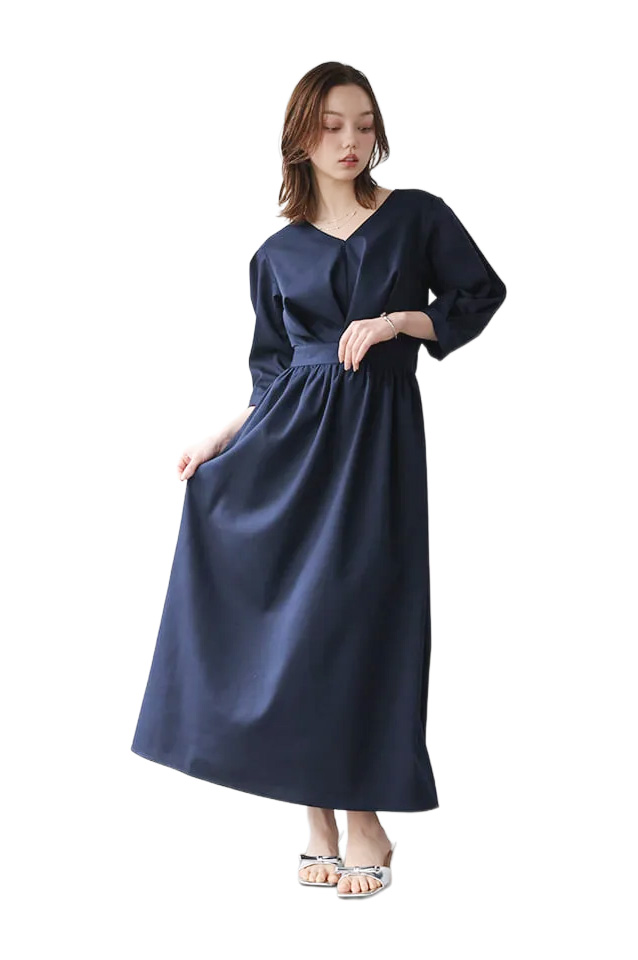 Vネックウエスト切替ワンピース
